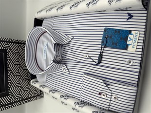 Slim Fit Uzun Kol Premium Çizgili Yaka Düğmeli Hediye Kutulu Erkek Gömlek FS-004440 - Saks Mavi