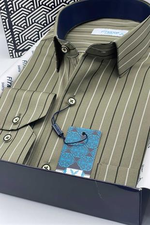 Klasik Uzun Kol Premium Çizgili Hediye Kutulu Erkek Gömlek FS-003272 - Haki