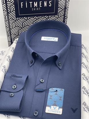 Slim Fit Uzun Kol Baklava Desen Kol Nakışlı Yaka Düğmeli Hediye Kutulu Şık Erkek Gömlek FS-004200 - Lacivert