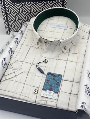 Klasik Kısa Kol Kareli Keten Cotton Yaka Düğmeli Hediye Kutulu Erkek Gömlek FS-003573 - Beyaz Yeşil