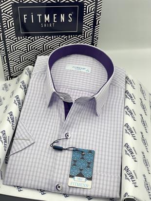 Klasik Kısa Kol Kareli Hediye Kutulu Erkek Gömlek FS-004157 - Lila