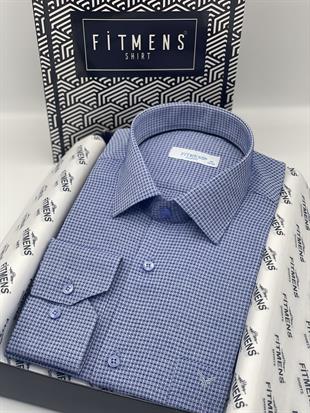 Klasik Uzun Kol Kare Armür Desenli Hediye Kutulu Erkek Gömlek FS-002151 - Saks Mavi