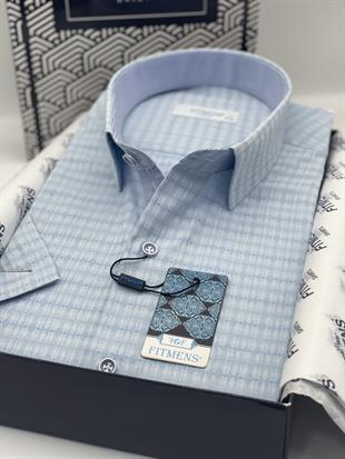 Klasik Kısa Kol Desenli Hediye Kutulu Erkek Gömlek FS-003620 - Mavi