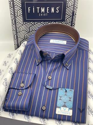 Slim Fit Uzun Kol Premium Çizgili Yaka Düğmeli Hediye Kutulu Erkek Gömlek FS-004334 - Lacivert Kahve