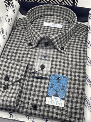 Klasik Uzun Kol Kışlık %100 Cotton Kareli Yaka Düğmeli Hediye Kutulu Erkek Gömlek FS-003127 - Gri
