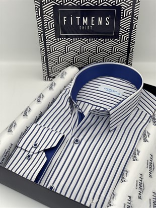 Klasik Uzun Kol Kalın Çizgili Hediye Kutulu Erkek Gömlek FS-001260 - Beyaz Saks Mavi