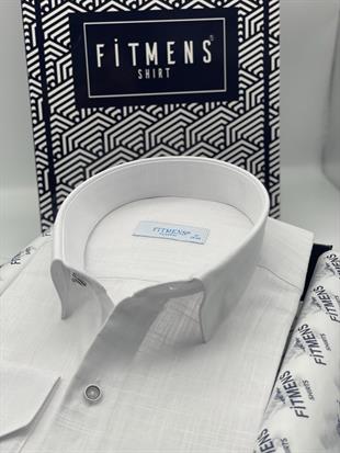 Klasik Uzun Kol Linen Keten Erkek Cepsiz Hediye Kutulu Gömlek FS-003044 - Beyaz