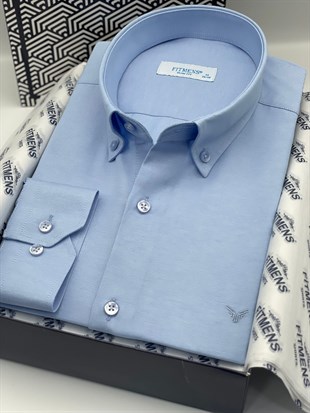 Slim Fit Uzun Kol Pamuklu Hediye Kutulu Kolay Ütülenebilir Erkek Gömlek FS-002225 - Mavi