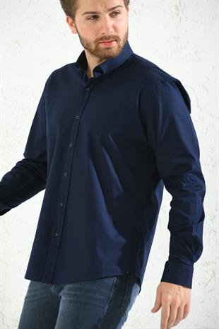Slim Fit Uzun Kol Yıkamalı Gabardin Hediye Kutulu Erkek Gömlek FS-001364 - Koyu Lacivert