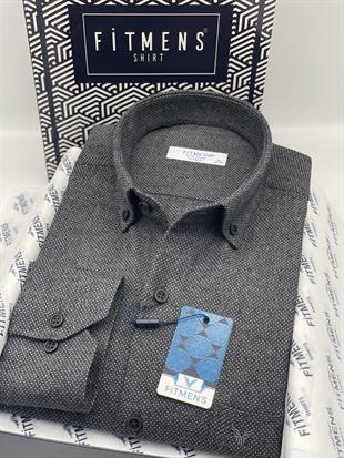 Klasik Uzun Kol Kışlık Kuşgözü Yaka Düğmeli Yünlü %100 Cotton Hediye Kutulu Erkek Gömlek FS-003768 - Antrasit