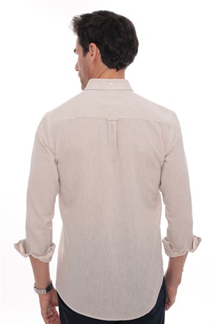 Slim Fit Uzun Kol Yaka Düğmeli Nefes Alan Keten Hediye Kutulu Erkek Gömlek FS-004548 - Açık Bej
