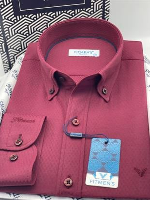 Slim Fit Uzun Kol Baklava Desen Kol Nakışlı Yaka Düğmeli Hediye Kutulu Şık Erkek Gömlek FS-004200 - Bordo