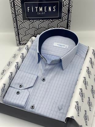 Klasik Uzun Kol Kare Çizgili Hediye Kutulu Erkek Gömlek FS-002153 - Mavi