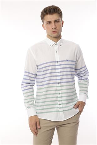 Slim Fit Uzun Kol Panolu Keten Hediye Kutulu Kolay Ütülenebilir Erkek Gömlek FS-002996 - Yeşil