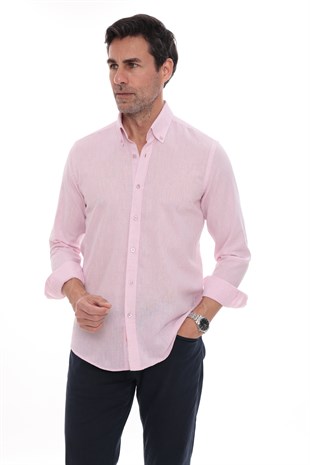 Slim Fit Uzun Kol Yaka Düğmeli Nefes Alan Keten Hediye Kutulu Erkek Gömlek FS-004548 - Pembe