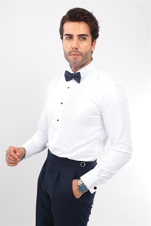 Slim Fit Uzun Kol Soft Saten Smokin Damatlık Erkek Hediye Kutulu Gömlek FS-001947 - Beyaz Lacivert