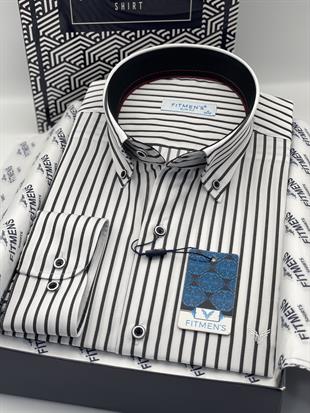 Slim Fit Uzun Kol Premium Kalın Çizgili Yaka Düğmeli Hediye Kutulu Kolay Ütülenebilir Erkek Gömlek FS-001375 - Beyaz Siyah