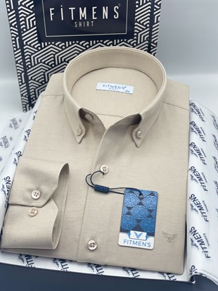 Slim Fit Uzun Kol Pamuklu Hediye Kutulu Kolay Ütülenebilir Erkek Gömlek FS-002225 - Bej