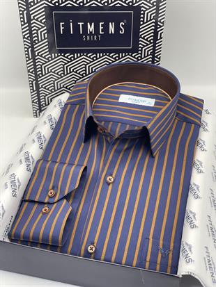 Klasik Uzun Kol Premium Çizgili Hediye Kutulu Erkek Gömlek FS-003941 - Lacivert Kahve