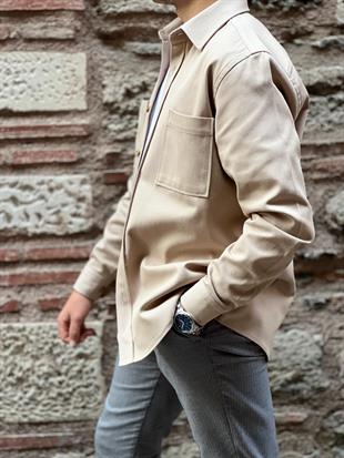 Oversize Gabardin Pamuklu Hediye Kutulu Erkek Ceket Gömlek FS-003868 - Bej