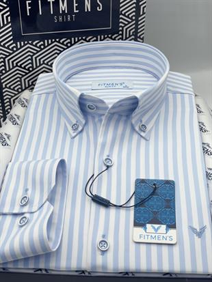 Slim Fit Uzun Kol Likralı Çizgili Yaka Düğmeli Hediye Kutulu Erkek Gömlek FS-003669 - Buz Mavi