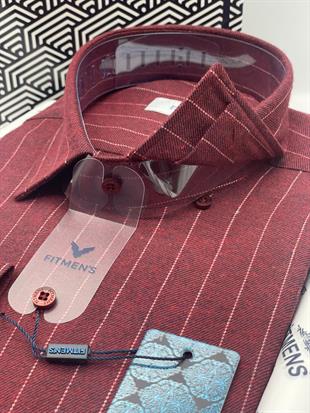 Klasik Uzun Kol Kışlık Çizgili Yaka Alttan Düğmeli Hediye Kutulu Erkek Gömlek FS-003363 - Bordo