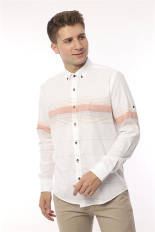 Slim Fit Uzun Kol Panolu Keten Hediye Kutulu Kolay Ütülenebilir Erkek Gömlek FS-002994 - Bej