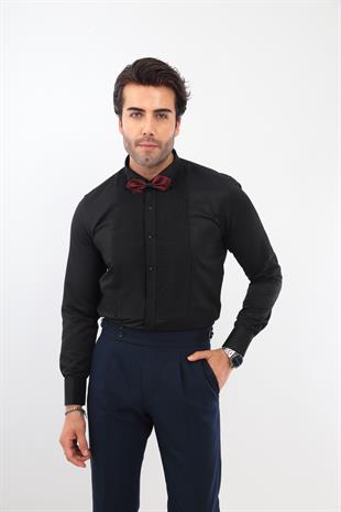 Slim Fit Uzun Kol Soft Saten Smokin Damatlık Erkek Hediye Kutulu Gömlek FS-001947 - Siyah