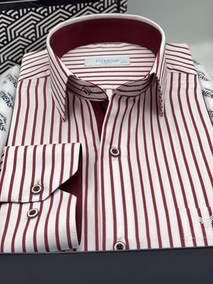 Klasik Uzun Kol Kalın Çizgili Hediye Kutulu Erkek Gömlek FS-001260 - Beyaz Bordo