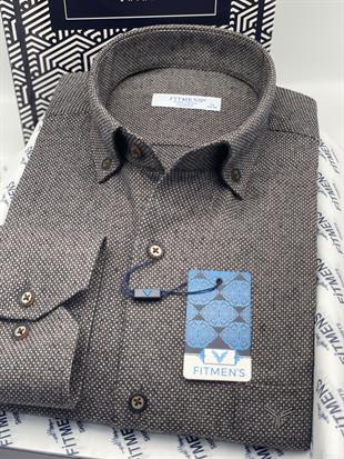 Klasik Uzun Kol Kışlık Yaka Düğmeli Yünlü %100 Cotton Hediye Kutulu Erkek Gömlek FS-003768 - Kahverengi
