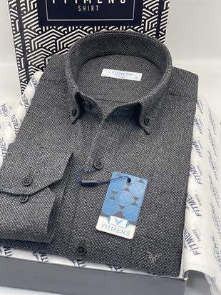 Klasik Uzun Kol Kışlık Kuşgözü Yaka Düğmeli Yünlü %100 Cotton Hediye Kutulu Erkek Gömlek FS-003768 - Antrasit