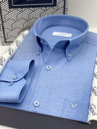 Klasik Uzun Kol Pamuklu Yaka Düğmeli Hediye Kutulu Kolay Ütülenebilir Erkek Gömlek FS-003897 - Saks Mavi