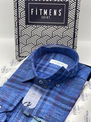 Klasik Uzun Kol Kareli Keten Cotton Cepsiz Yaka Alttan Düğmeli Erkek Hediye Kutulu Gömlek FS-003172 - Saks Mavi