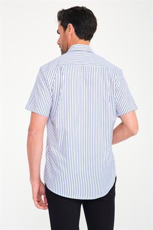 Klasik Kısa Kol Kalın Çizgili Hediye Kutulu Erkek Gömlek FS-000702 - Beyaz Saks Mavi