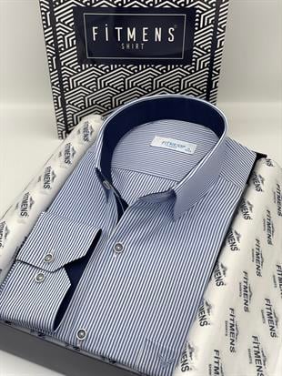 Klasik Uzun Kol İnce Çizgili Cepli Hediye Kutulu Erkek Gömlek FS-003317 - Saks Mavi