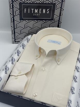 Klasik Uzun Kol Pamuklu Yaka Düğmeli Hediye Kutulu Kolay Ütülenebilir Erkek Gömlek FS-003897 - Krem