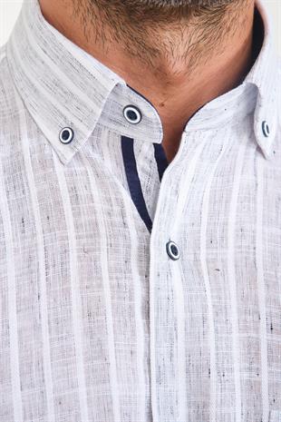 Klasik Kısa Kol Armür Çizgili Flam Keten Düğmeli Yaka Hediye Kutulu Erkek Gömlek FS-000678 - Beyaz Lacivert