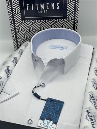 Klasik Kısa Kol Keten Cotton Hediye Kutulu Erkek Gömlek FS-003624 - Beyaz Açık Mavi