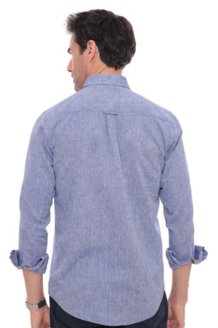 Slim Fit Uzun Kol Yaka Düğmeli Nefes Alan Keten Hediye Kutulu Erkek Gömlek FS-004548 - Saks Mavi