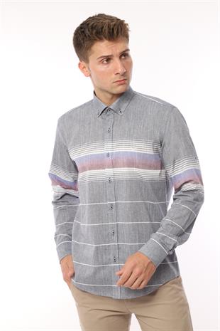 Slim Fit Uzun Kol Panolu Keten Hediye Kutulu Kolay Ütülenebilir Erkek Gömlek FS-002994 - Lacivert