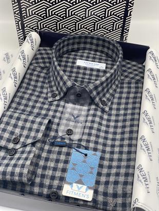 Klasik Uzun Kol Kışlık Ekoseli Oduncu Yaka Düğmeli Pamuklu Hediye Kutulu Erkek Gömlek FS-003128 - Lacivert