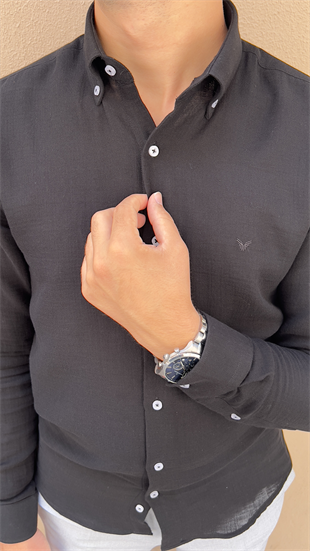 Slim Fit Uzun Kol Müslin Pamuk Rahat Nefes Alabilen Kumaştan Yaka Düğmeli Hediye Kutulu Erkek Gömlek FS-004202 - Siyah