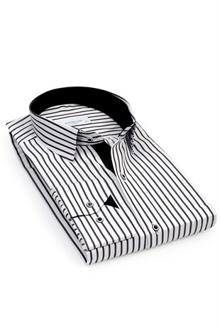 Klasik Uzun Kol Kalın Çizgili Hediye Kutulu Erkek Gömlek FS-001260 - Beyaz Siyah