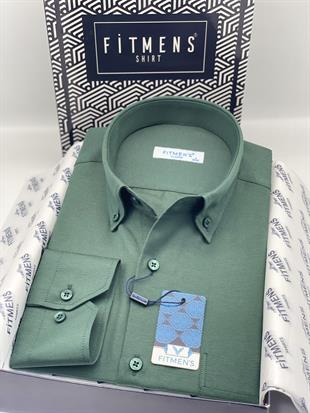 Klasik Uzun Kol Pamuklu Yaka Düğmeli Hediye Kutulu Kolay Ütülenebilir Erkek Gömlek FS-003897 - Koyu Yeşil