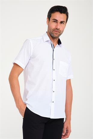 Klasik Kısa Kol Açık Zemin Kutu Desen Keten Cotton Hediye Kutulu Erkek Gömlek FS-000745 - Beyaz Lacivert