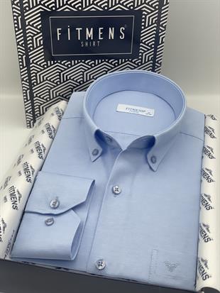 Klasik Uzun Kol Pamuklu Yaka Düğmeli Hediye Kutulu Kolay Ütülenebilir Erkek Gömlek FS-003897 - Mavi