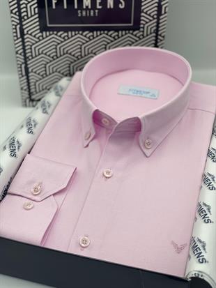 Slim Fit Uzun Kol Pamuklu Hediye Kutulu Kolay Ütülenebilir Erkek Gömlek FS-002225 - Pembe