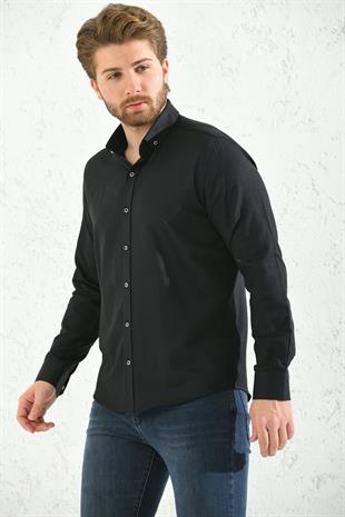 Slim Fit Uzun Kol Oxford Hediye Kutulu Kolay Ütülenebilir Erkek Gömlek - Siyah