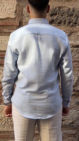 Slim Fit Uzun Kol Müslin Pamuk Rahat Nefes Alabilen Kumaştan Yaka Düğmeli Hediye Kutulu Erkek Gömlek FS-004202 - Açık Mavi