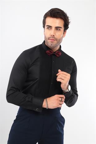 Slim Fit Uzun Kol Soft Saten Smokin Damatlık Erkek Hediye Kutulu Gömlek FS-001947 - Siyah